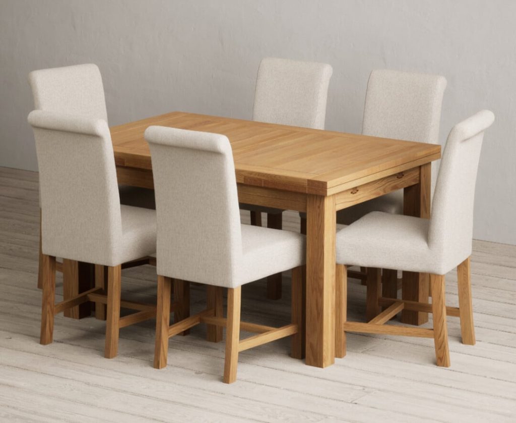 Extending Buxton 140cm Solid Oak Dining Table with 8 Brown Scroll Back Chairs