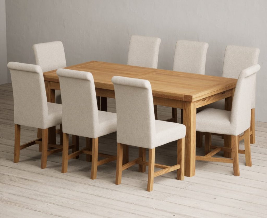 Extending Buxton 180cm Solid Oak Dining Table with 6 Brown Scroll Back Chairs
