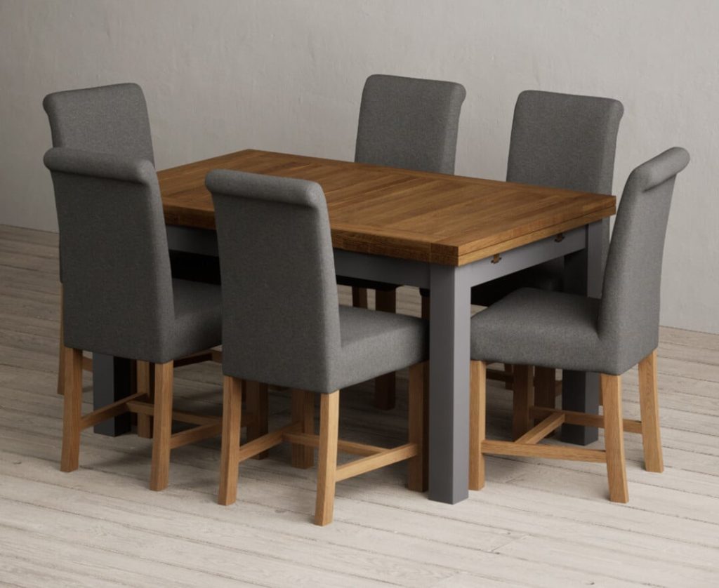 Extending Buxton 140cm Oak and Charcoal Grey Painted Dining Table with 8 Brown Scroll Back Chairs