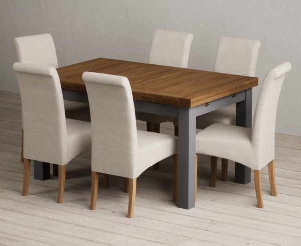 Extending Buxton 140cm Oak and Charcoal Grey Painted Dining Table with 8 Charcoal Grey Scroll Back Chairs | Bed Sava