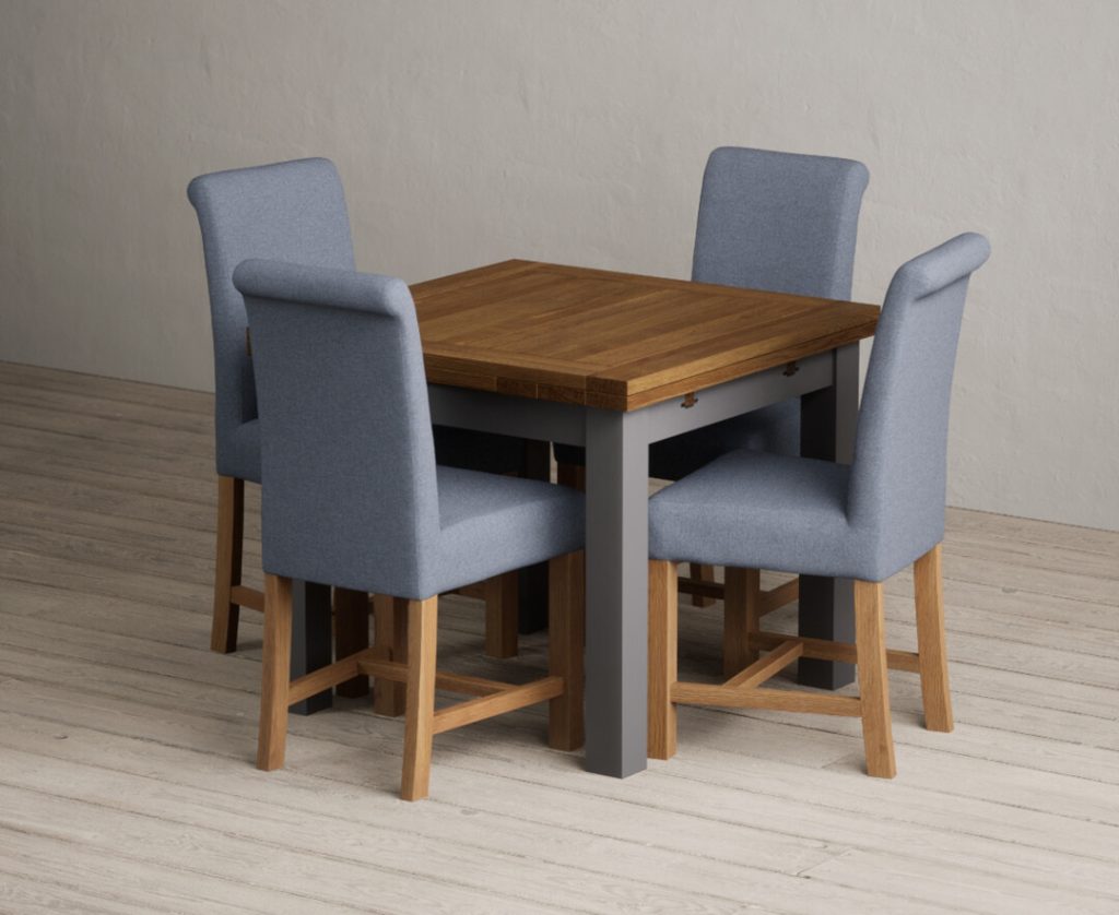 Extending Buxton 90cm Oak and Charcoal Grey Painted Dining Table with 4 Blue Scroll Back Chairs