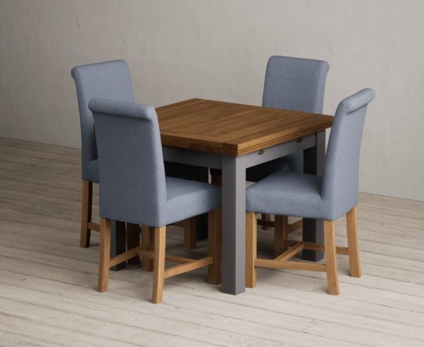 Extending Buxton 90cm Oak and Charcoal Grey Painted Dining Table with 4 Natural Scroll Back Chairs | Bed Sava