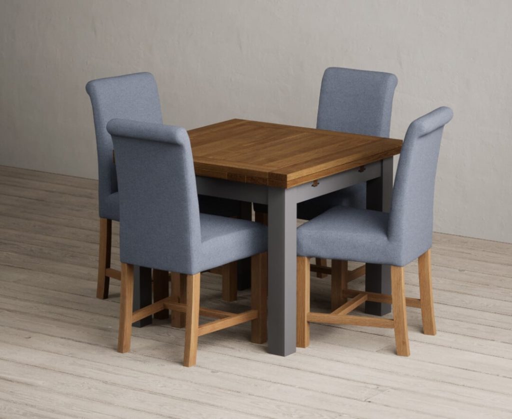 Extending Buxton 90cm Oak and Charcoal Grey Painted Dining Table with 6 Grey Scroll Back Chairs