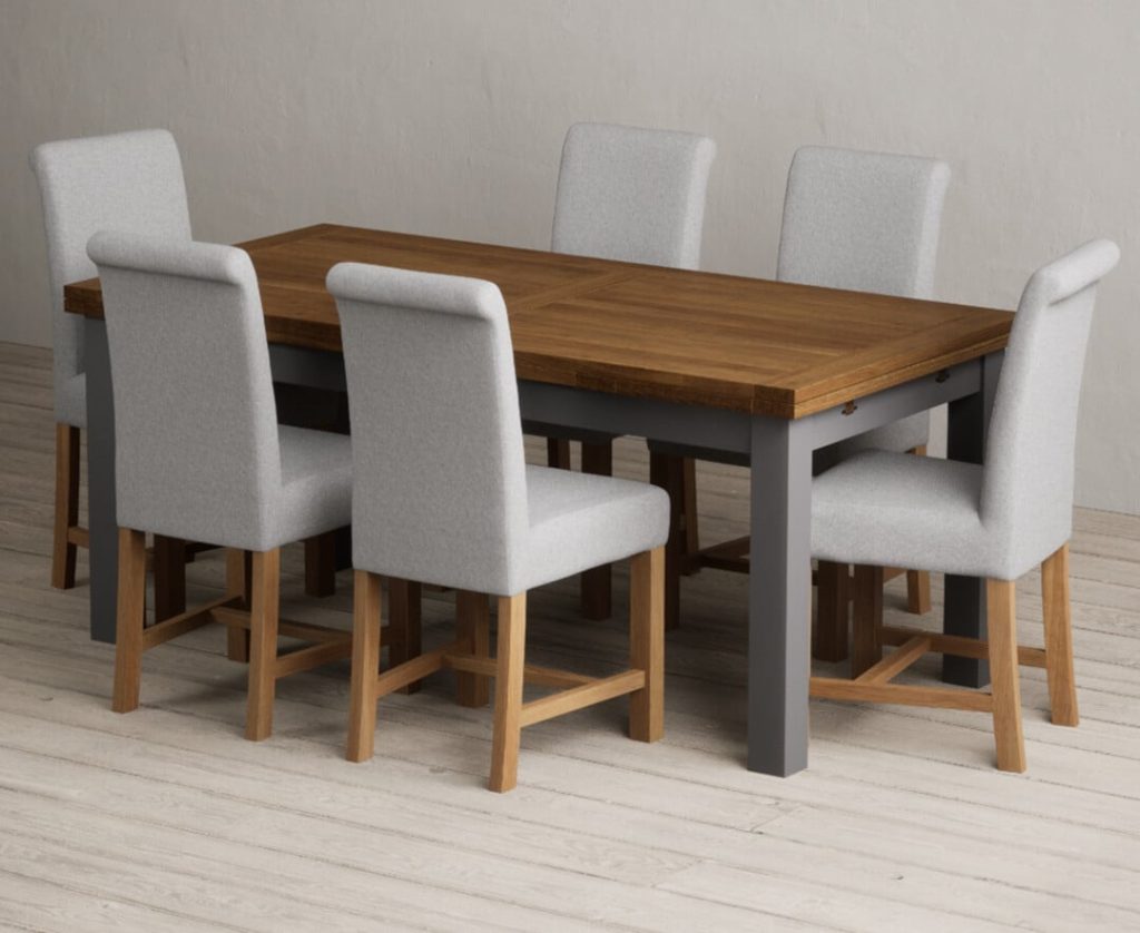 Extending Buxton 180cm Oak and Charcoal Grey Painted Dining Table with 12 Charcoal Grey Scroll Back Chairs