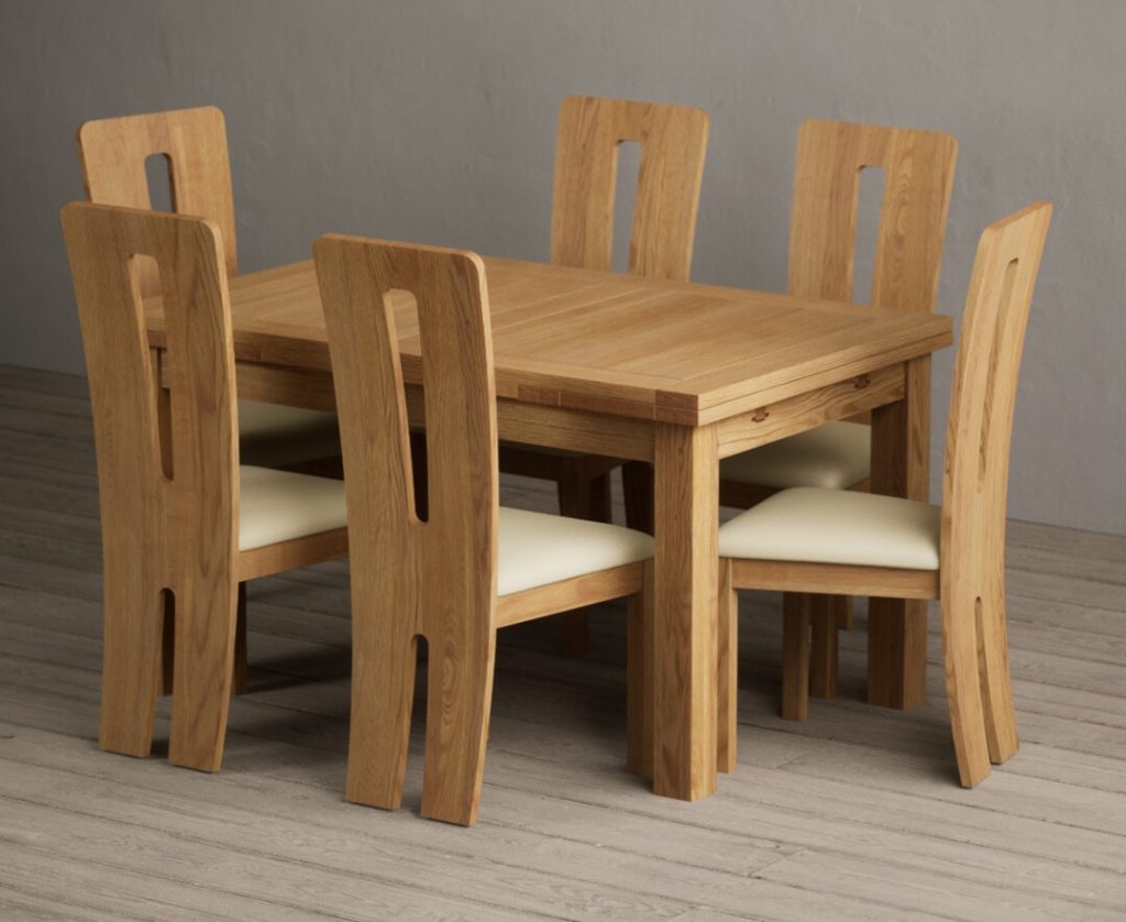 Extending Buxton 140cm Solid Oak Dining Table with 10 Cream Lucca Chairs