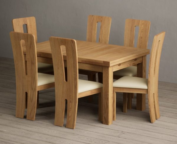Extending Buxton 140cm Solid Oak Dining Table with 8 Cream Lucca Chairs | Bed Sava
