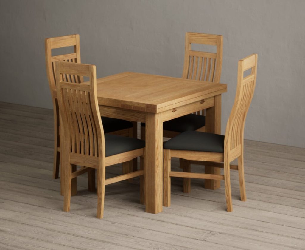 Extending Buxton 90cm Solid Oak Dining Table with 4 Black  Chairs