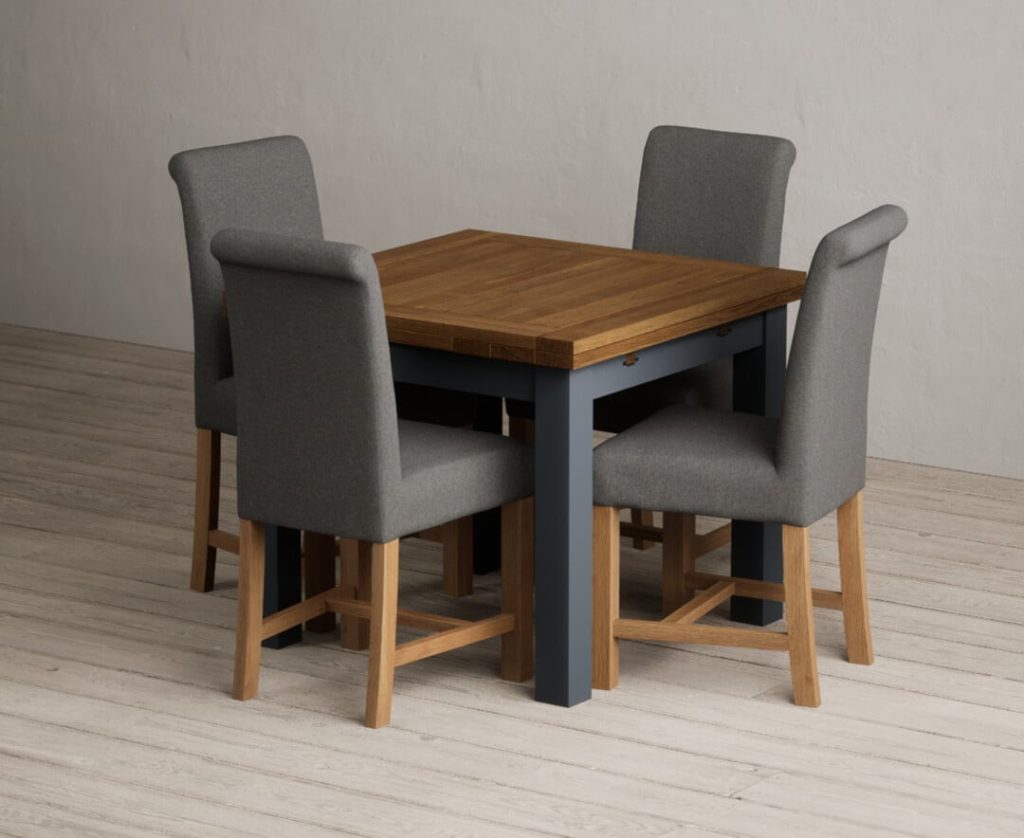 Extending Buxton 90cm Oak and Dark Blue Painted Dining Table with 6 Natural Scroll Back Chairs