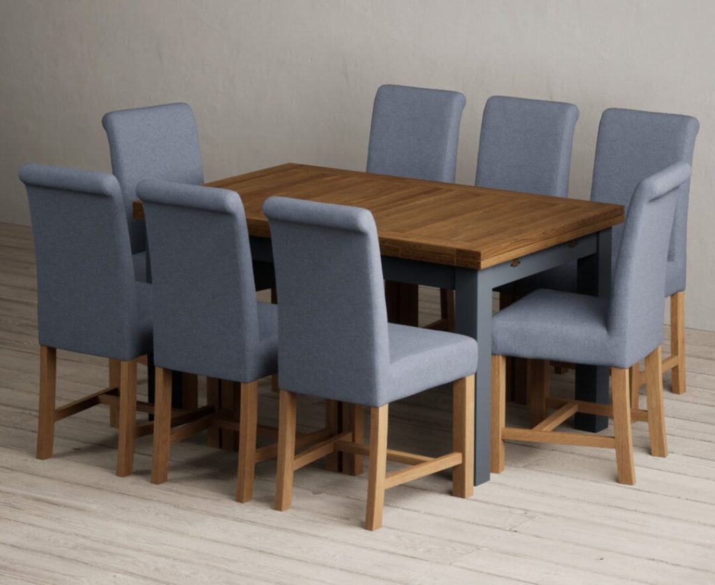 Extending Buxton 140cm Oak and Dark Blue Painted Dining Table with 8 Natural Scroll Back Chairs