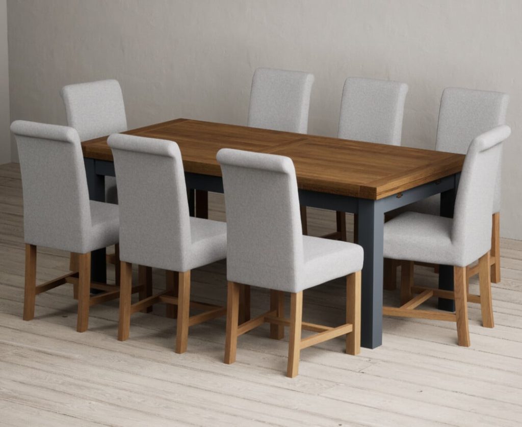 Extending Buxton 180cm Oak and Dark Blue Painted Dining Table with 6 Brown Scroll Back Chairs