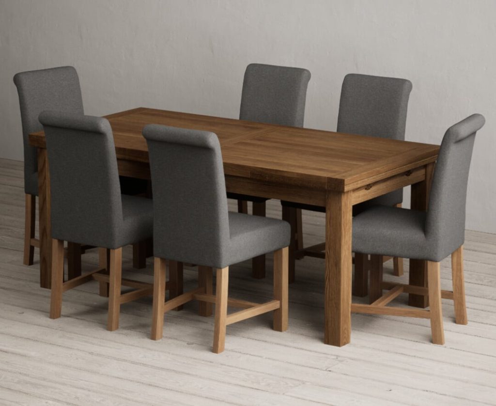 Extending Buxton 180cm Rustic Solid Oak Dining Table with 6 Blue Scroll Back Chairs