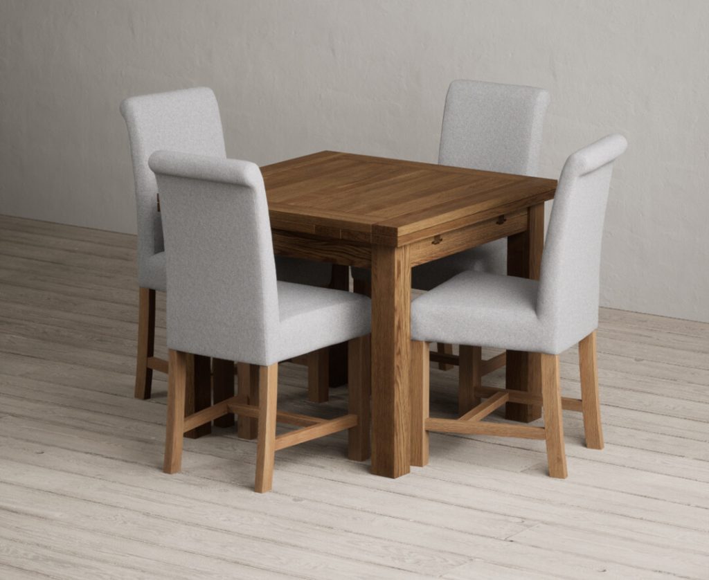 Extending Buxton 90cm Rustic Solid Oak Dining Table with 4 Blue Scroll Back Chairs