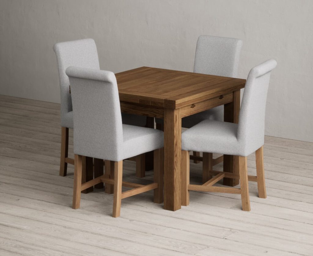 Extending Buxton 90cm Rustic Solid Oak Dining Table with 4 Charcoal Grey Scroll Back Chairs