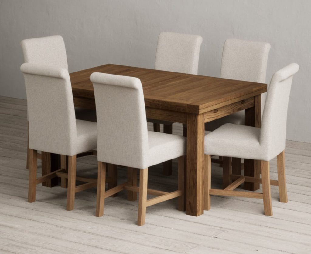 Extending Buxton 140cm Rustic Solid Oak Dining Table with 8 Natural Scroll Back Chairs