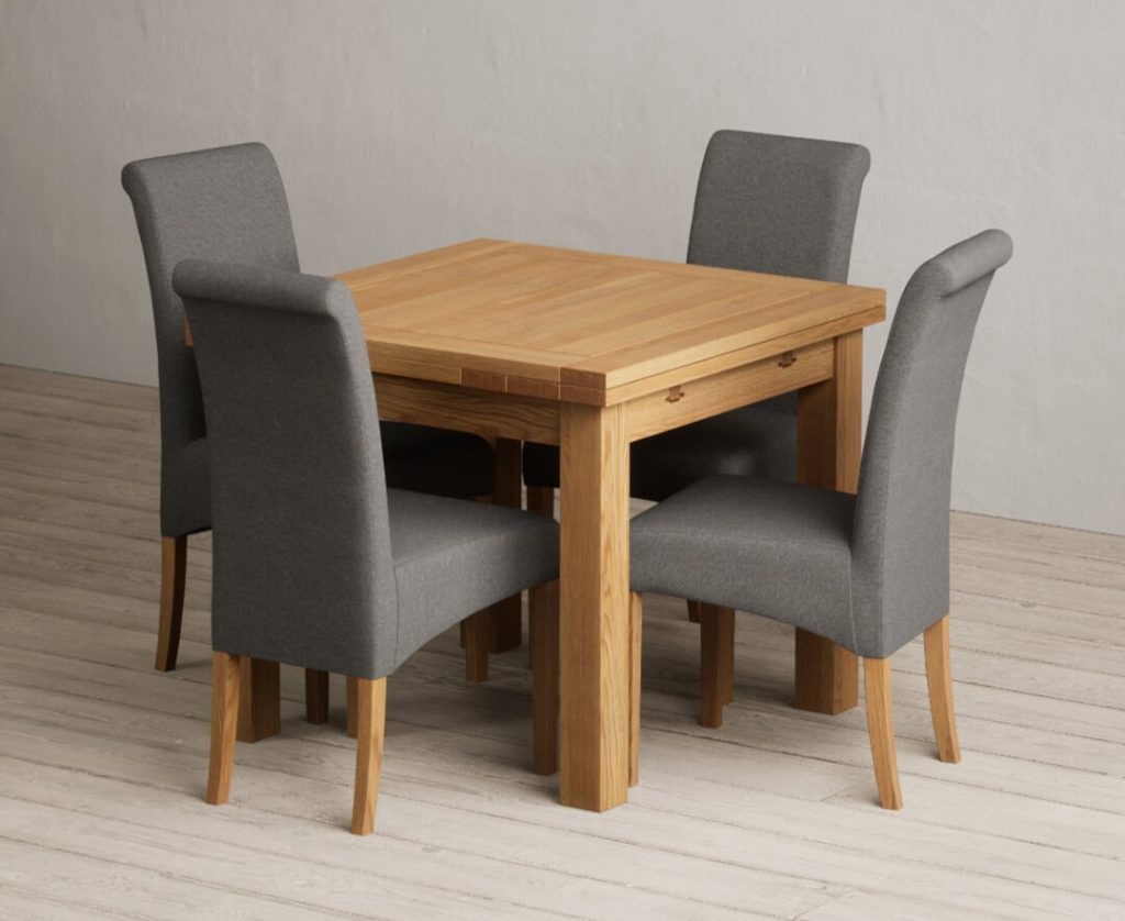 Extending Buxton 90cm Solid Oak Dining Table with 4 Charcoal Grey Scroll Back Chairs
