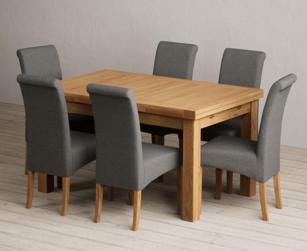 Extending Buxton 140cm Solid Oak Dining Table with 8 Grey Scroll Back Chairs