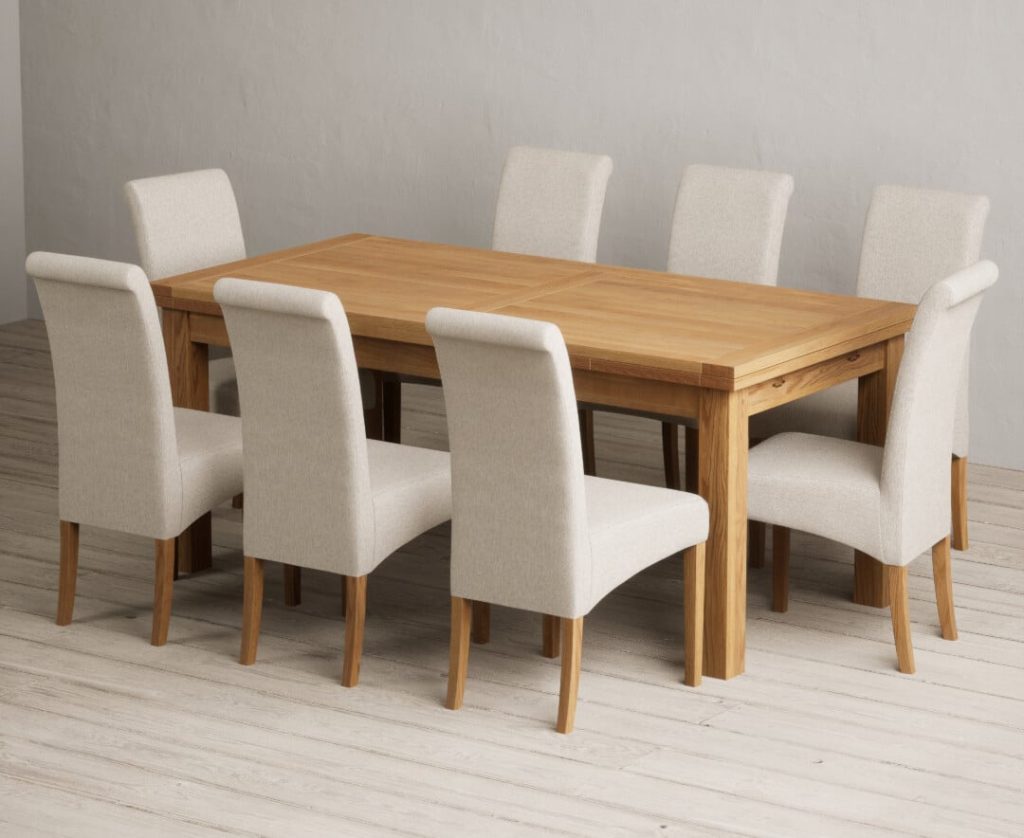 Extending Buxton 180cm Solid Oak Dining Table with 6 Grey Scroll Back Chairs