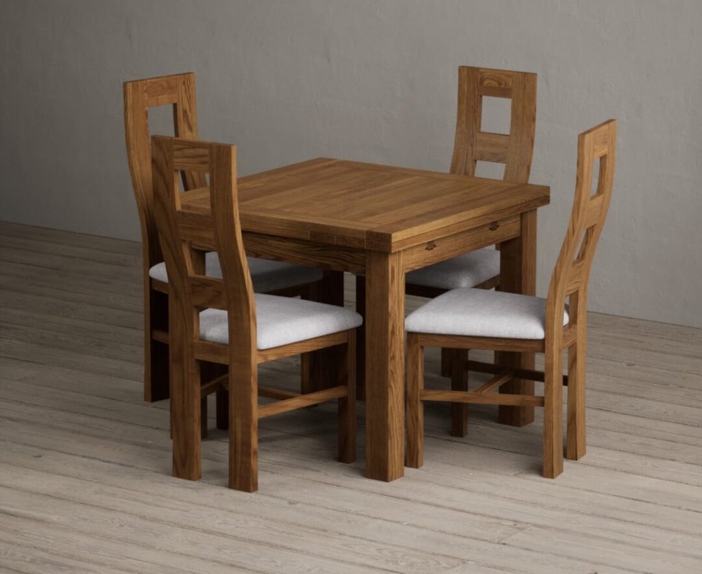Extending Buxton 90cm Rustic Solid Oak Dining Table with 4 Brown Rustic Solid Oak Chairs