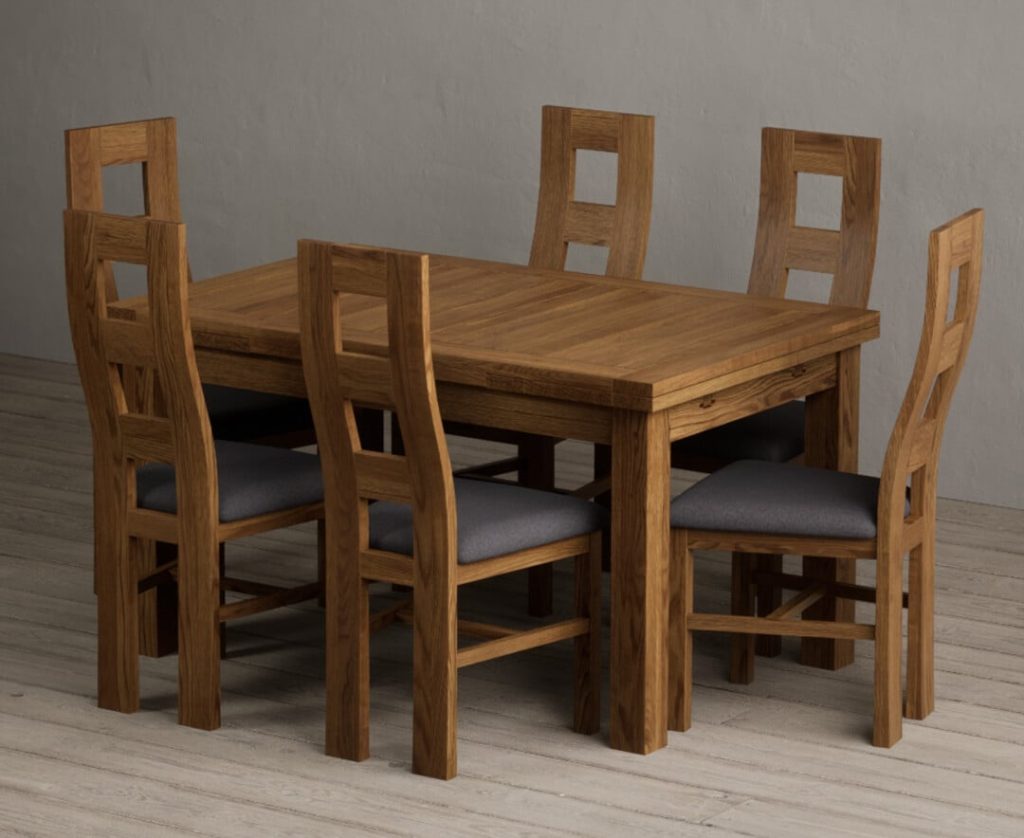 Extending Buxton 140cm Rustic Solid Oak Dining Table with 6 Charcoal Grey Rustic Solid Oak Chairs