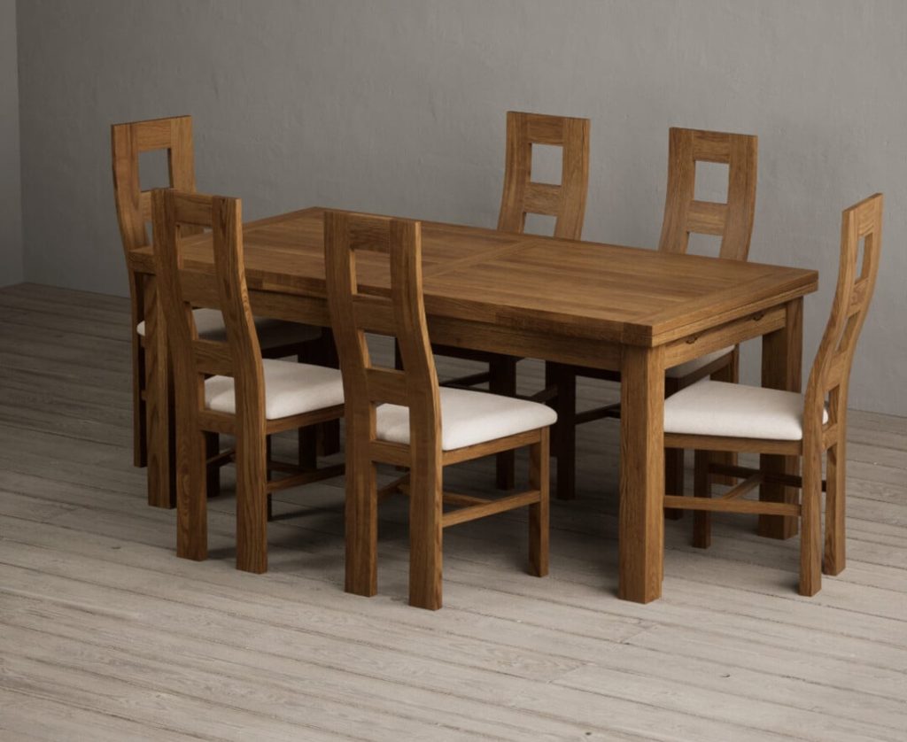 Extending Buxton 180cm Rustic Solid Oak Dining Table with 12 Charcoal Grey Rustic Solid Oak Chairs