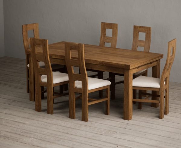 Extending Buxton 180cm Rustic Solid Oak Dining Table with 6 Brown Rustic Solid Oak Chairs | Bed Sava