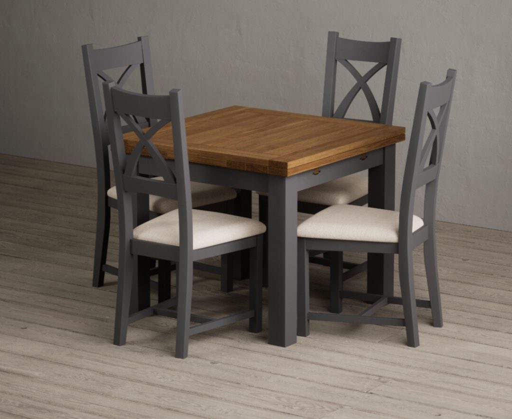 Extending Buxton 90cm Oak and Charcoal Grey Painted Dining Table with 4 Linen Painted Chairs