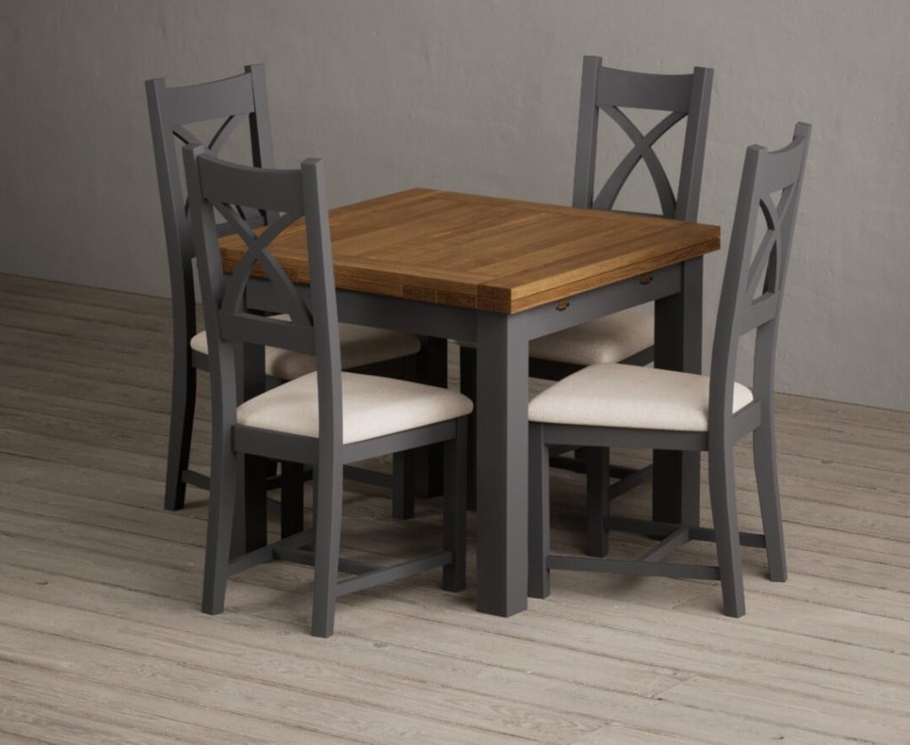 Extending Buxton 90cm Oak and Charcoal Grey Painted Dining Table with 6 Blue Painted Chairs