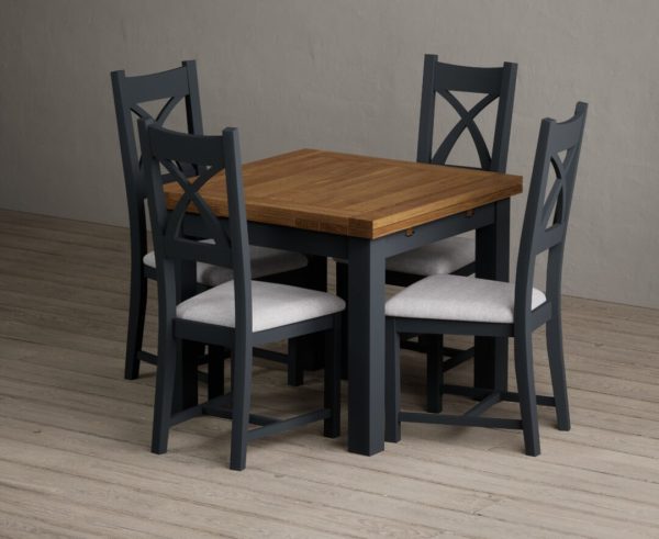 Extending Buxton 90cm Oak and Dark Blue Painted Dining Table with 6 Light Grey Painted Chairs | Bed Sava