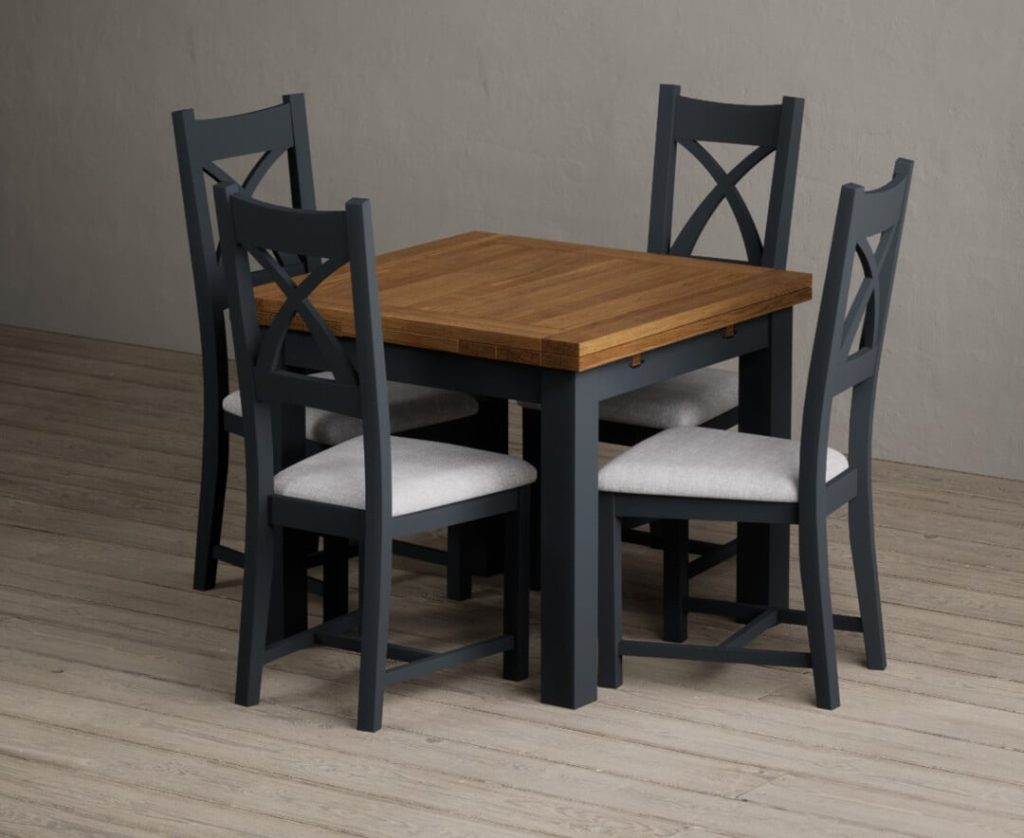 Extending Buxton 90cm Oak and Dark Blue Painted Dining Table with 4 Brown Painted Chairs