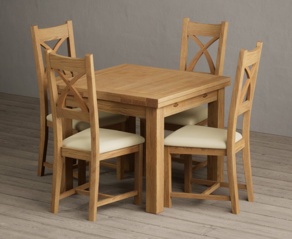Extending Buxton 90cm Solid Oak Dining Table with 4 Cream Natural Solid Oak Chairs