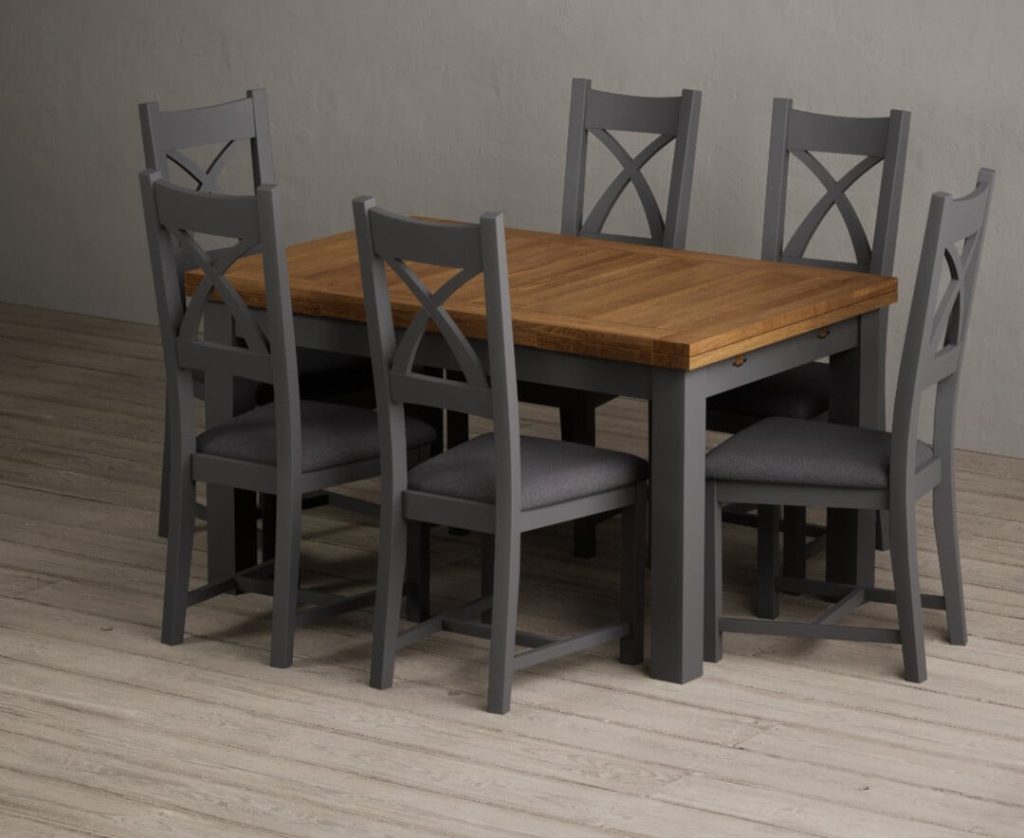 Extending Buxton 140cm Oak and Charcoal Grey Painted Dining Table with 8 Light Grey Painted Chairs