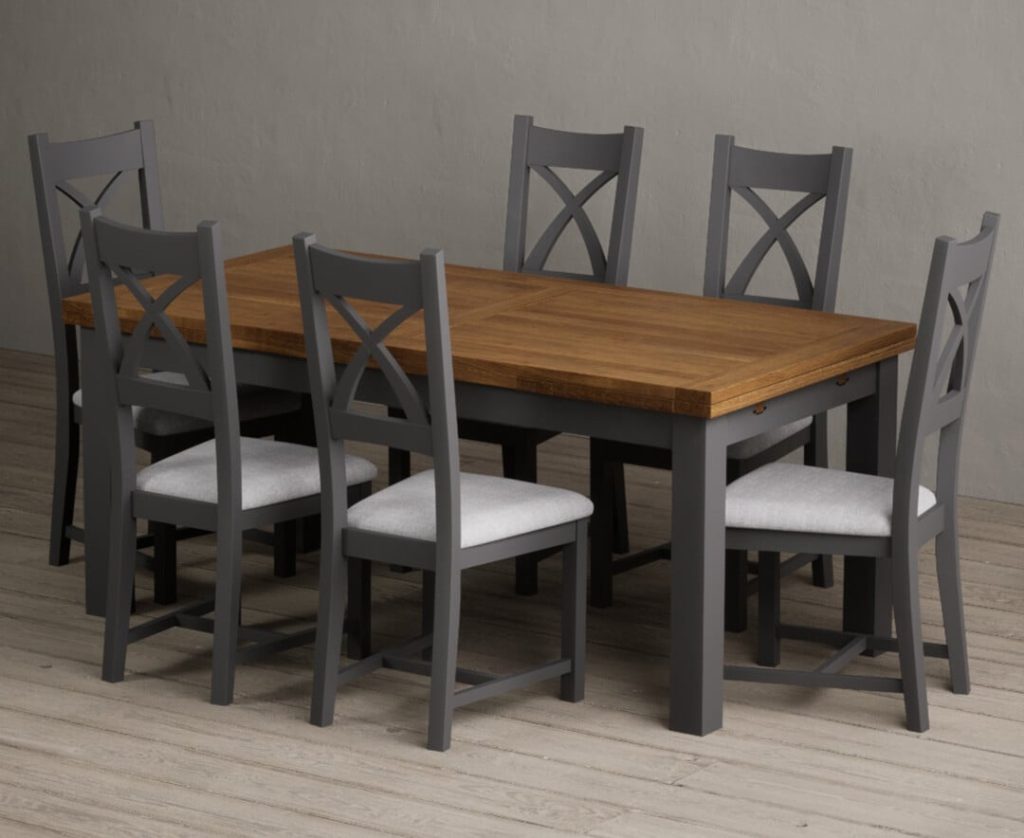Extending Buxton 180cm Oak and Charcoal Grey Painted Dining Table with 10 Light Grey Painted Chairs