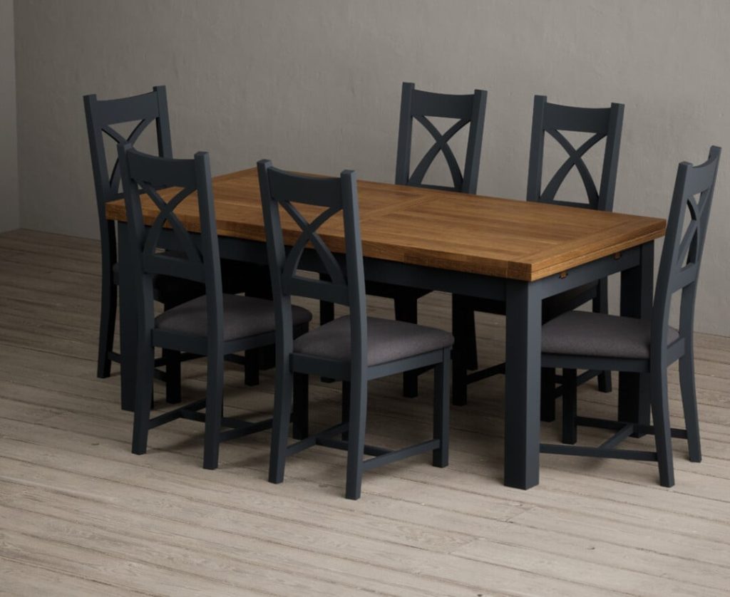 Extending Buxton 180cm Oak and Dark Blue Painted Dining Table with 6 Light Grey Painted Chairs