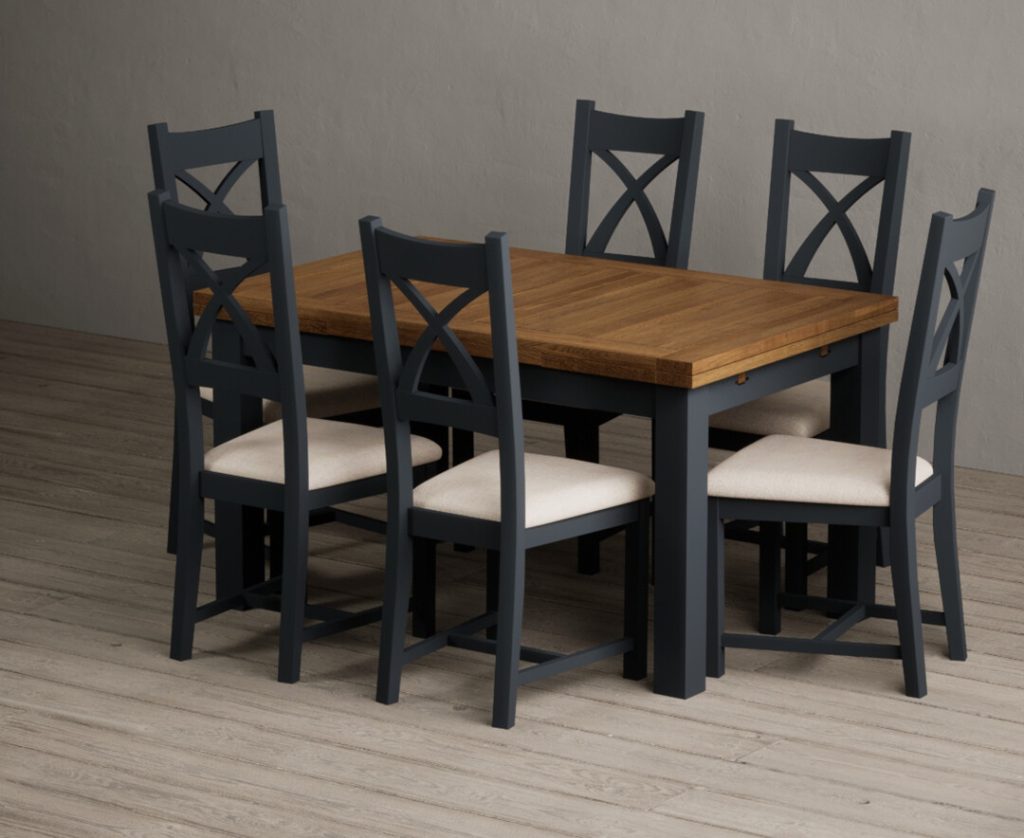 Extending Buxton 140cm Oak and Dark Blue Painted Dining Table with 6 Light Grey Painted Chairs