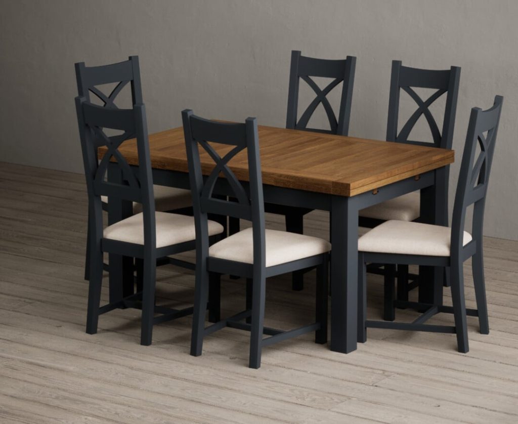 Extending Buxton 140cm Oak and Dark Blue Painted Dining Table with 6 Charcoal Grey Painted Chairs