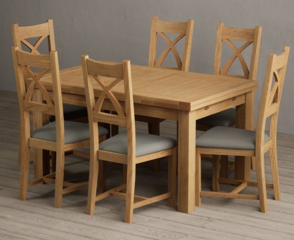 Extending Buxton 140cm Solid Oak Dining Table with 8 Grey Natural Solid Oak Chairs | Bed Sava