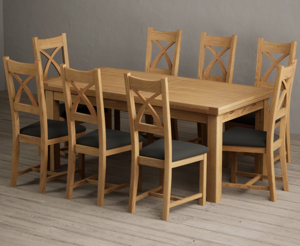 Extending Buxton 180cm Solid Oak Dining Table with 6 Grey Natural Solid Oak Chairs