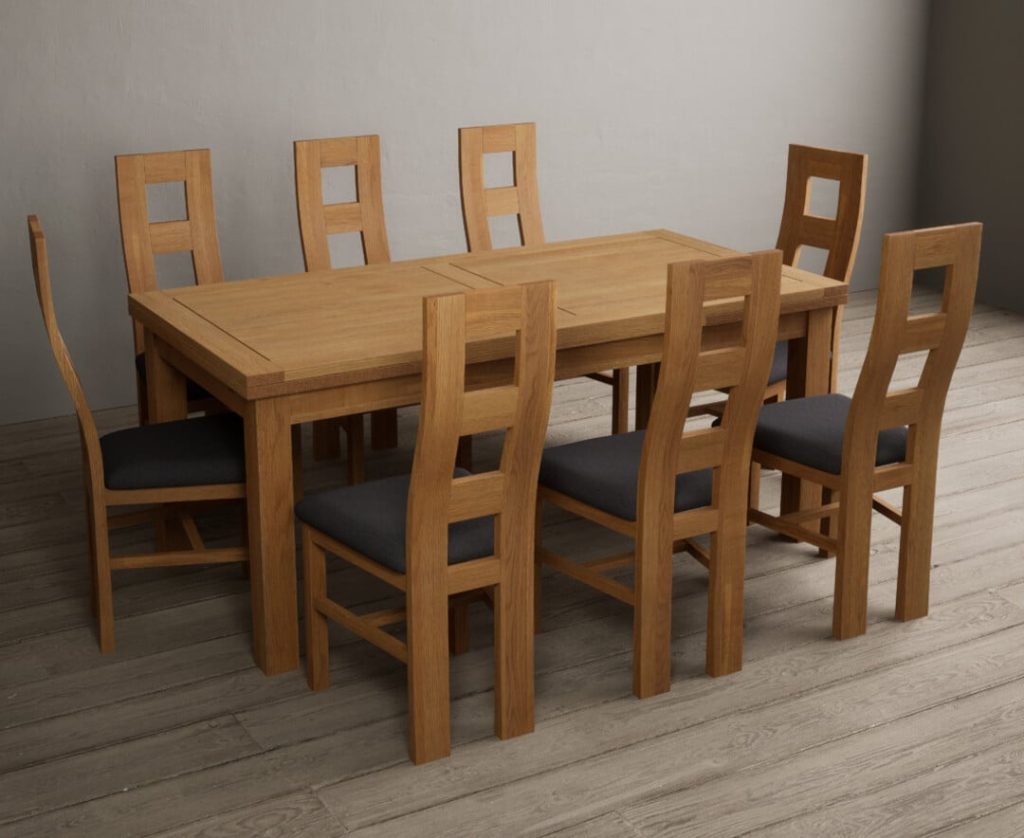 Extending Buxton 180cm Solid Oak Dining Table with 6 Linen Natural Chairs