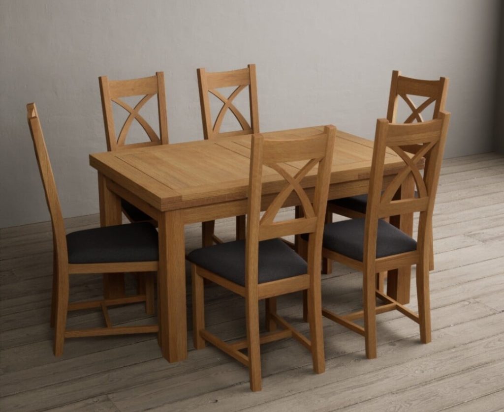 Extending Buxton 140cm Solid Oak Dining Table with 8 Linen Natural Solid Oak Chairs