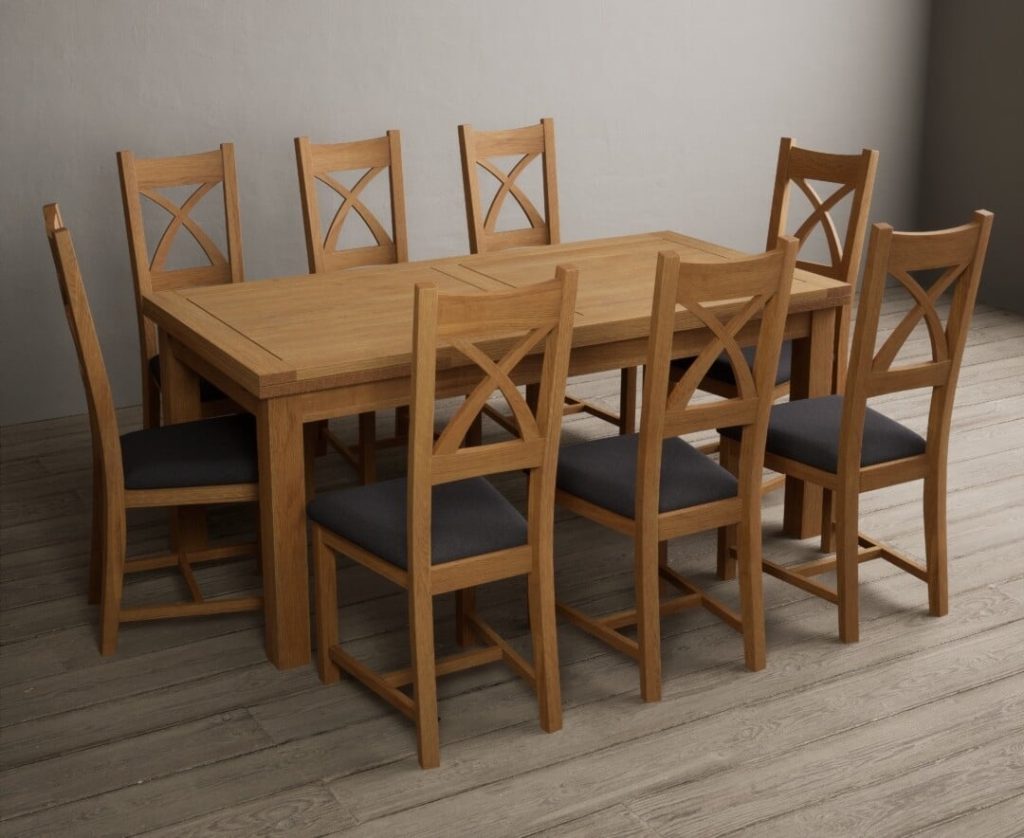 Extending Buxton 180cm Solid Oak Dining Table with 6 Linen Natural Solid Oak Chairs
