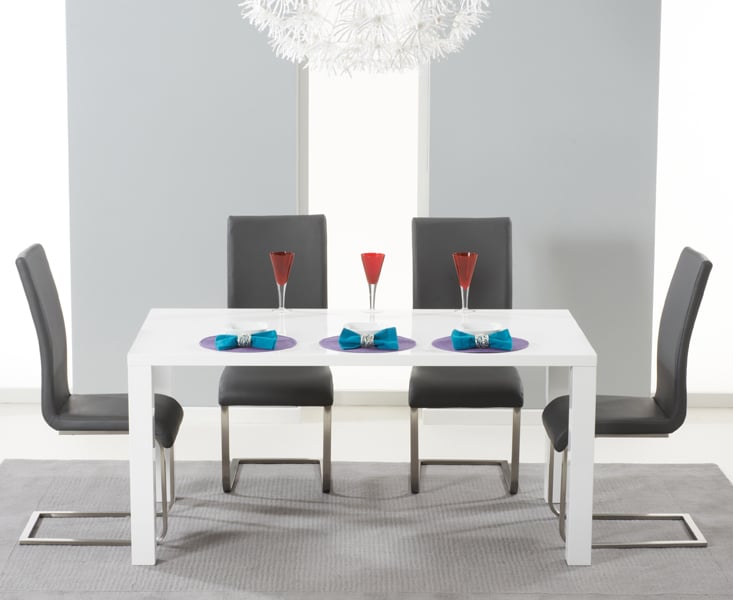 Seattle 160cm White High Gloss Dining Table with 6 Grey Austin Chairs