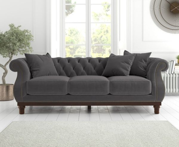 Harrow Chesterfield Dark Grey Velvet 3 Seater Sofa | Bed Sava