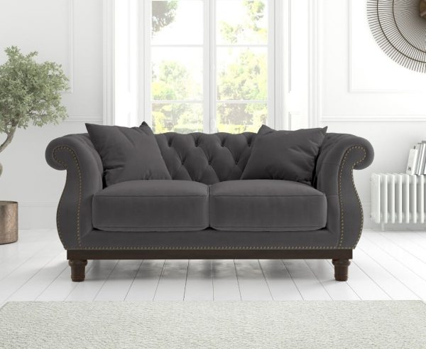 Harrow Chesterfield Dark Grey Velvet 2 Seater Sofa | Bed Sava