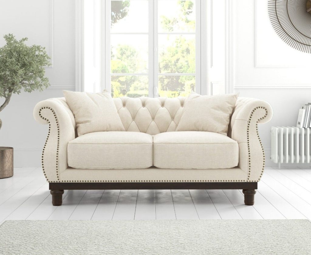 Harrow Chesterfield Ivory Linen Fabric 2 Seater Sofa