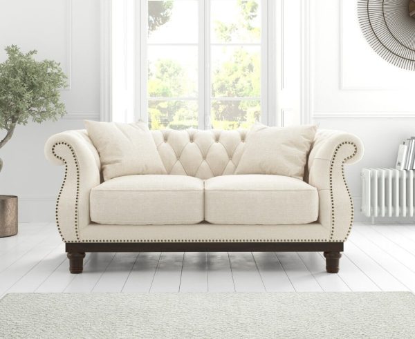Harrow Chesterfield Ivory Linen Fabric 2 Seater Sofa | Bed Sava