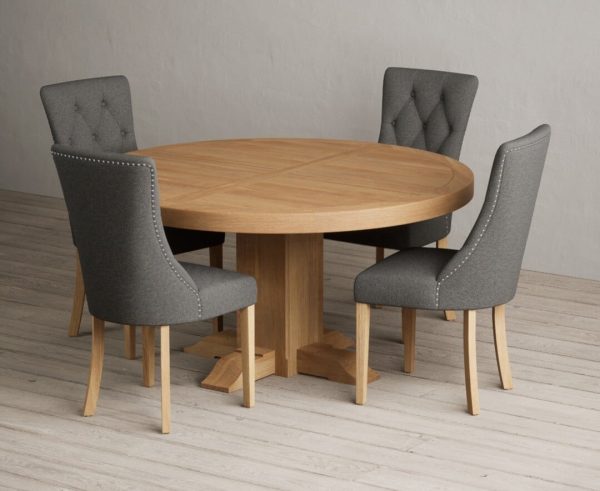 Helmsley 150cm Round Oak Dining Table with 6 Natural Beatrix Chairs | Bed Sava