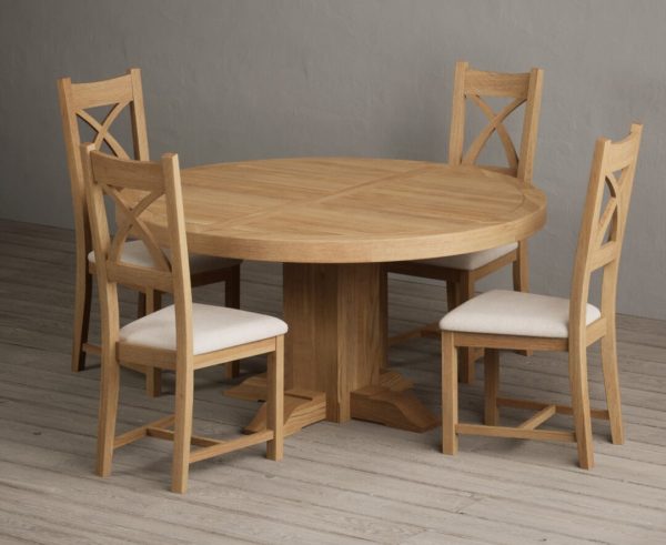 Helmsley 150cm Round Oak Dining Table with 6 Brown Natural Solid Oak Chairs | Bed Sava
