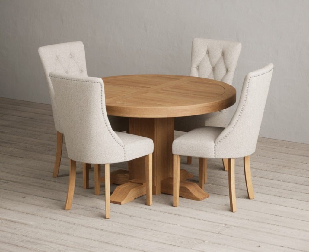 Extending Helmsley Oak Pedestal Dining Table with 6 Natural Beatrix Chairs