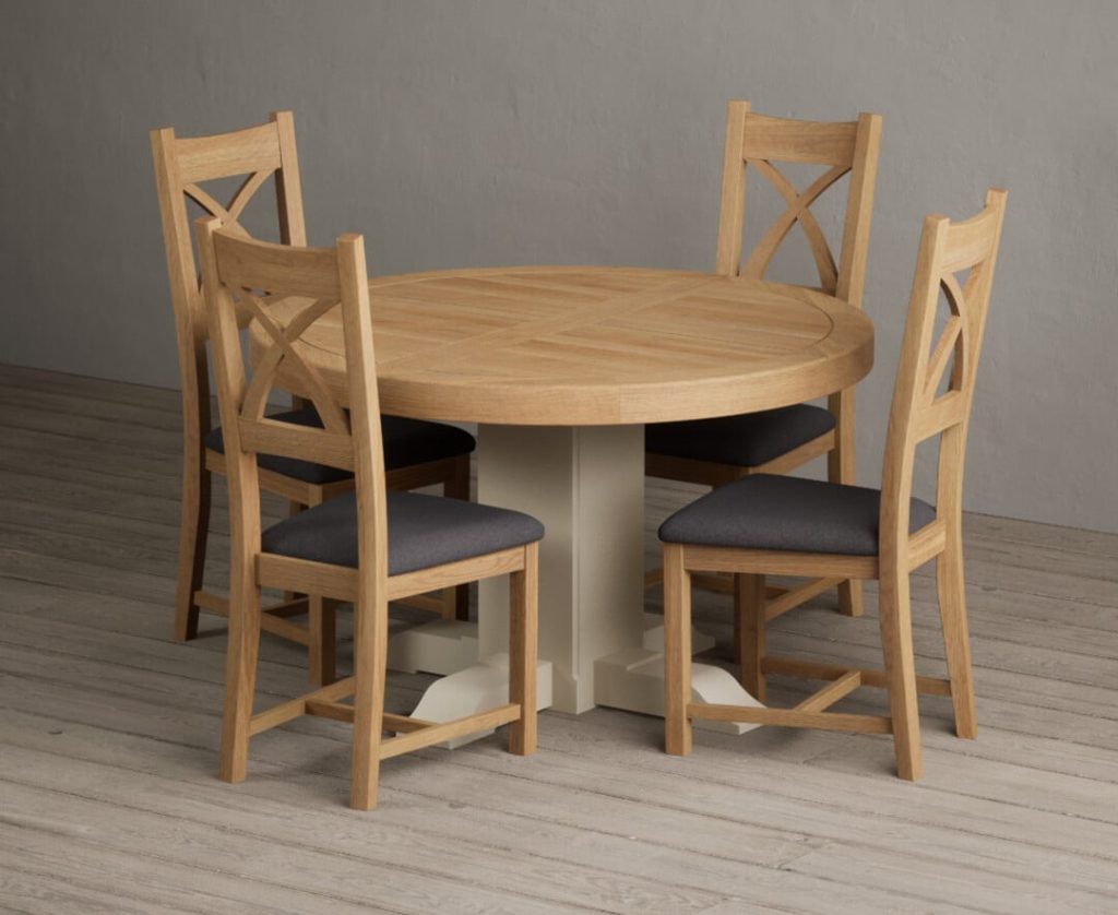 Extending Helmsley Oak and Cream Painted Pedestal Dining Table with 6 Light Grey Natural Solid Oak Chairs