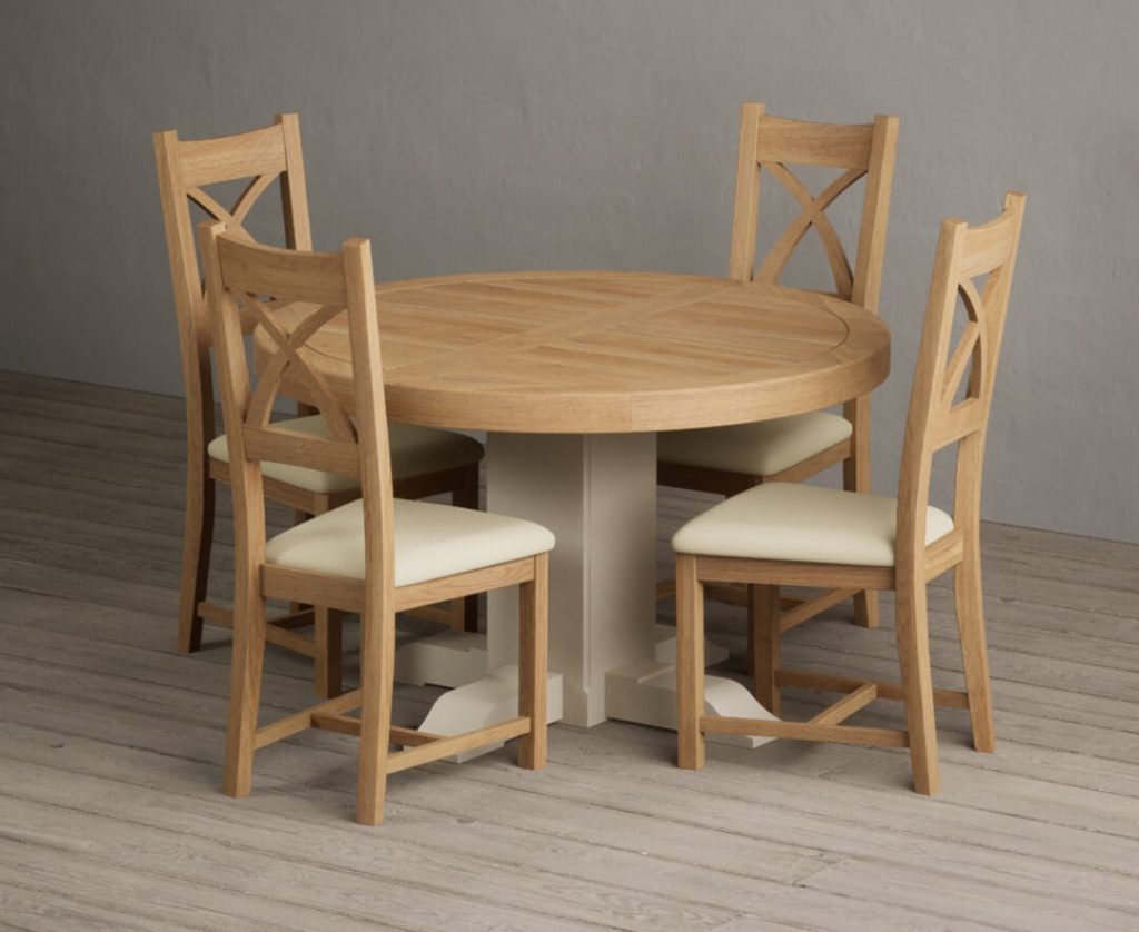 Extending Helmsley Oak and Cream Painted Pedestal Dining Table with 8 Black Natural Solid Oak Chairs